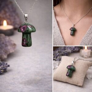 Ruby Zoisite Mushroom Pendant Boho Witchy Crystal Stone Jewelry